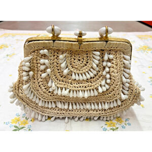Vintage Italian Raffia Beaded Handbag Lucite Handles Brass Frame Mid Century
